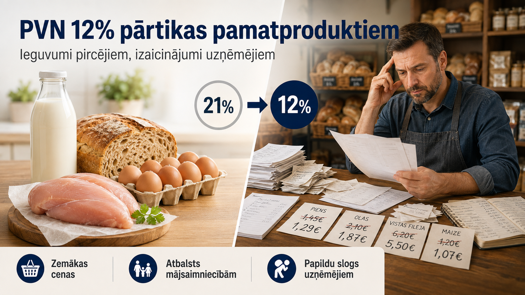 Samazinātais PVN 12% pārtikas pamatproduktiem: monētas divas puses uzņēmējiem