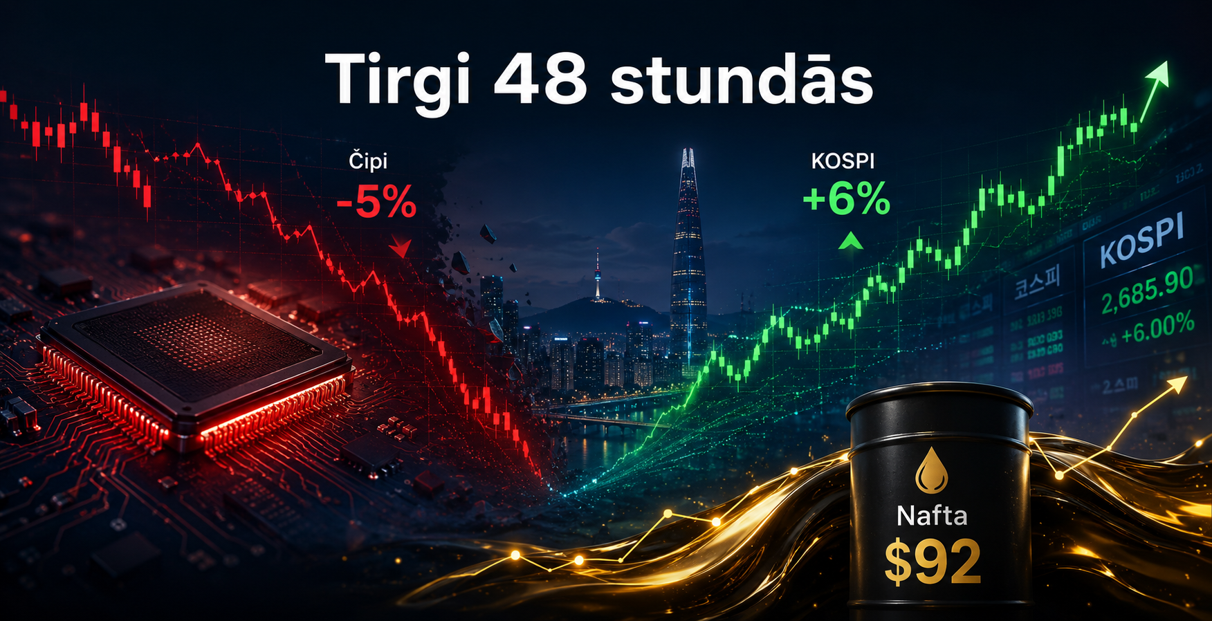 Tirgi 48 stundās: čipu izpārdošana, KOSPI +6% un nafta pie 92 dolāriem