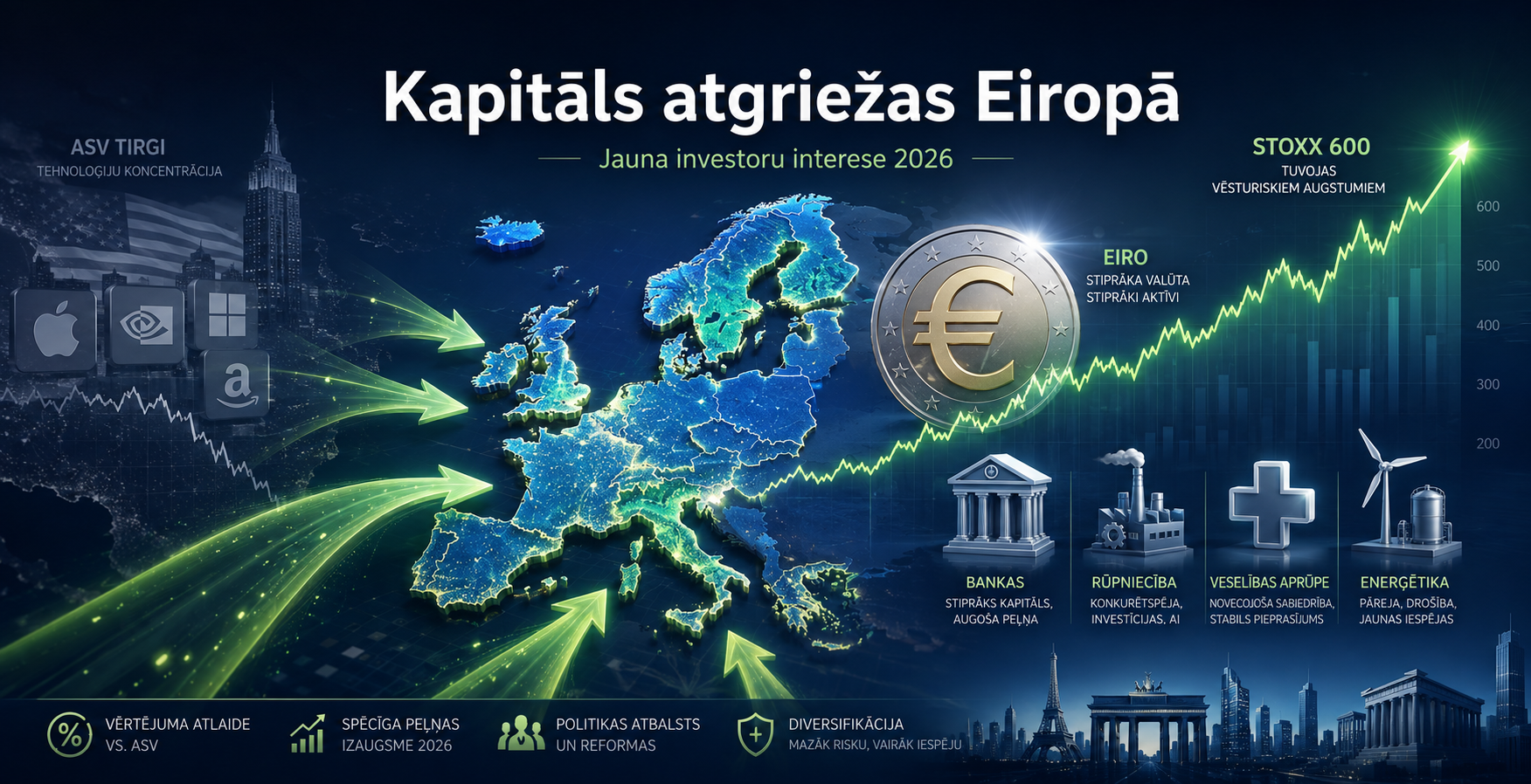 Kapitāls atgriežas Eiropā: kāpēc investori atkal pievēršas Eiropas akcijām?