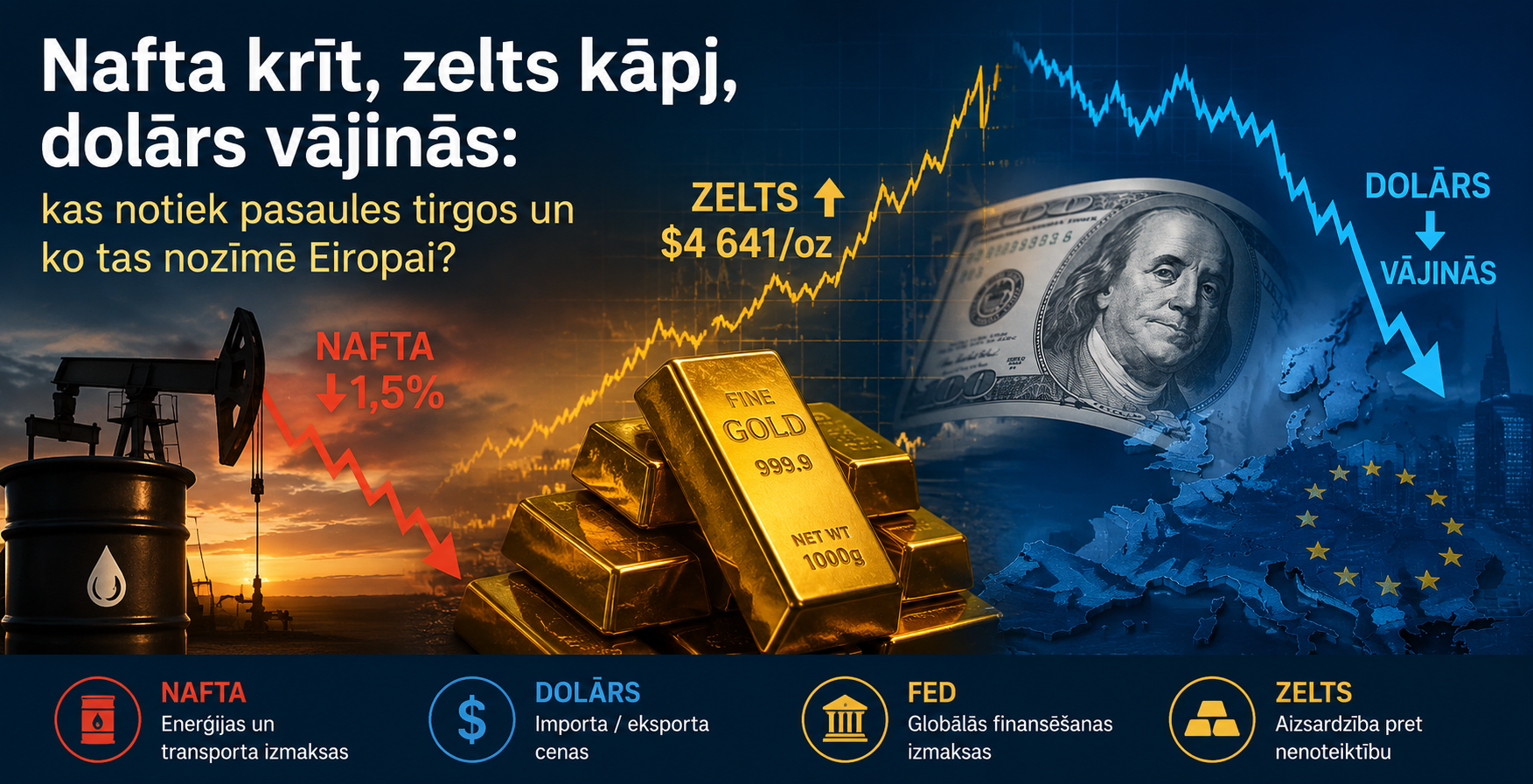 Nafta krīt, zelts kāpj, dolārs vājinās: kas notiek pasaules tirgos un ko tas nozīmē Eiropai?