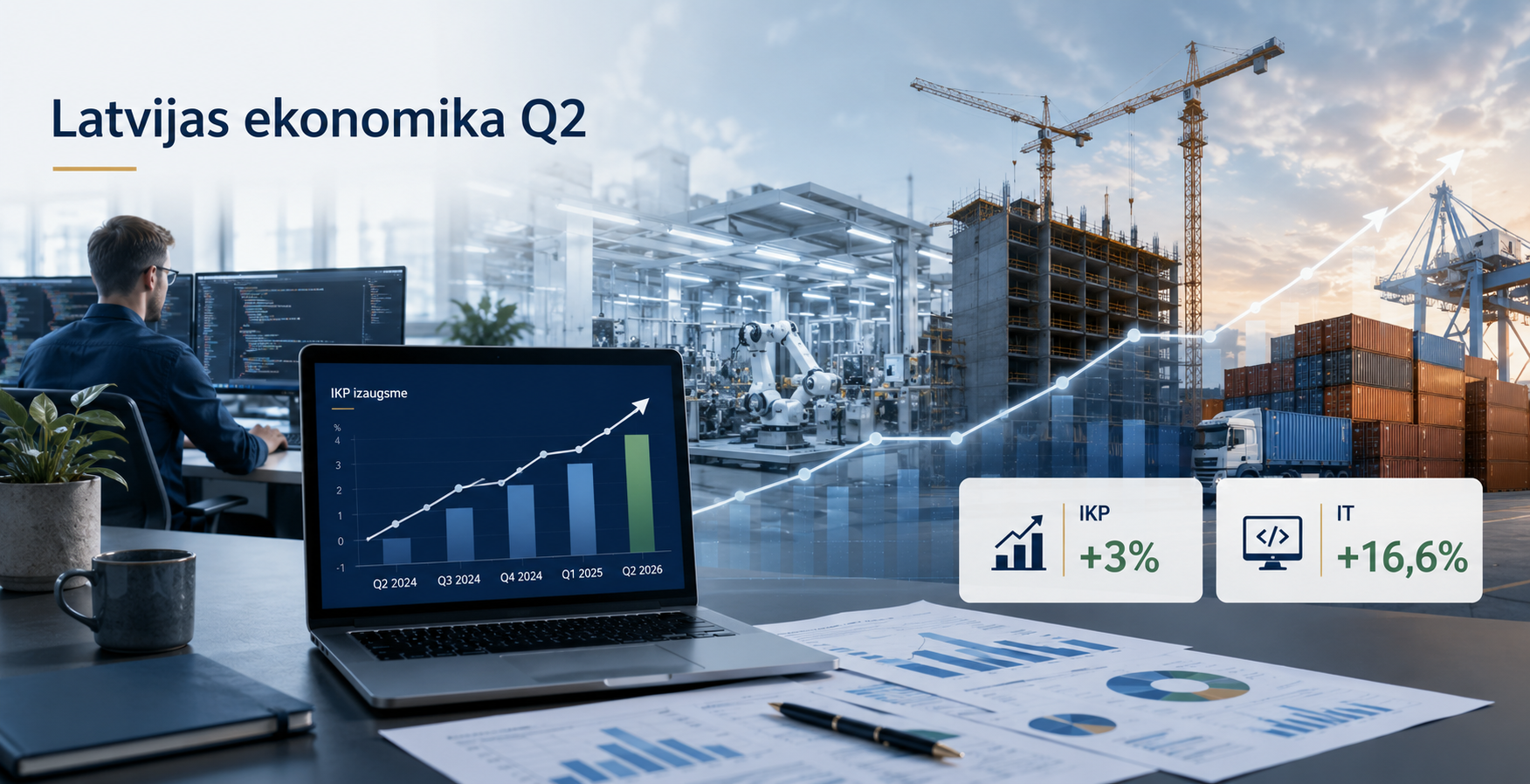 Latvijas ekonomika Q2 aug par 3%: IT +16,6%, preču eksports +11,6% — kuras nozares velk izaugsmi?
